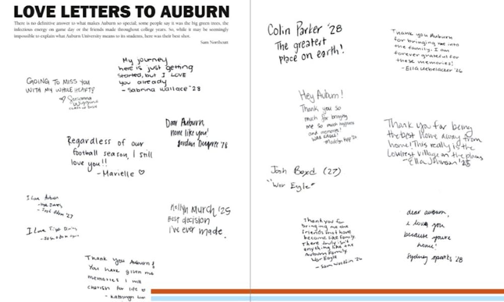 Picture of two pages of the Glomerata, where students have written love letters to Auburn. 