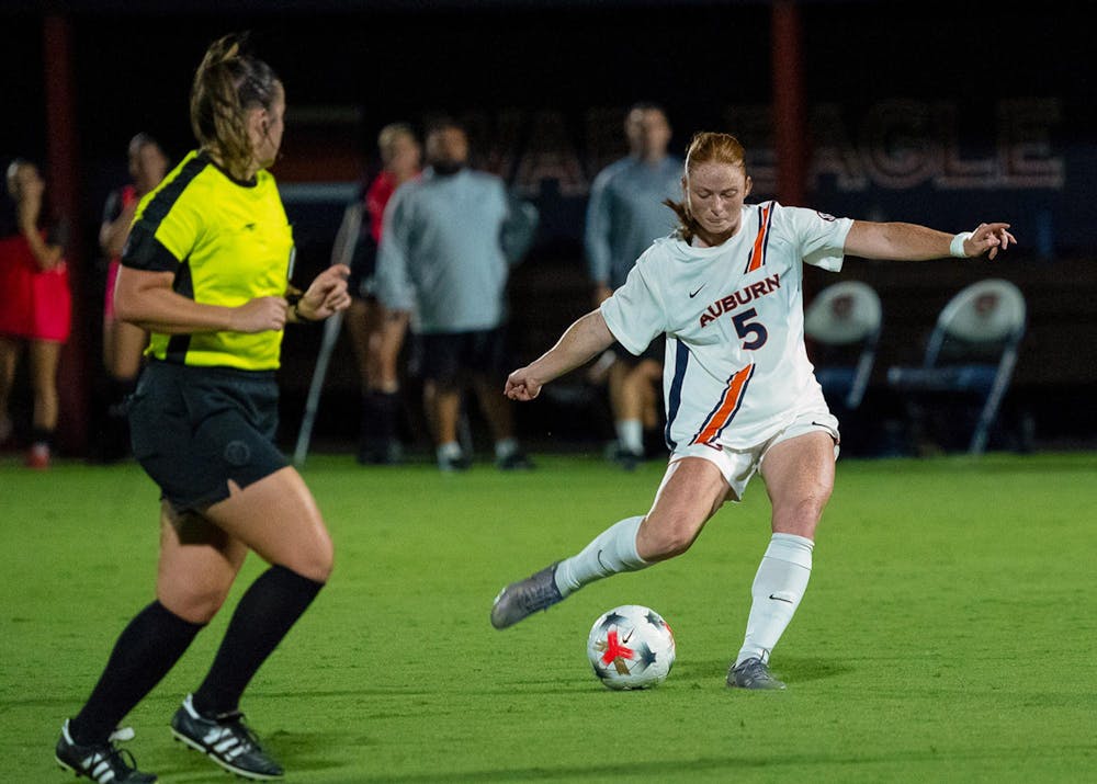 Auburn soccer player Ellie Rebmann, No. 5, dribbles the ball during Auburn’s 1-0 win over UAB.