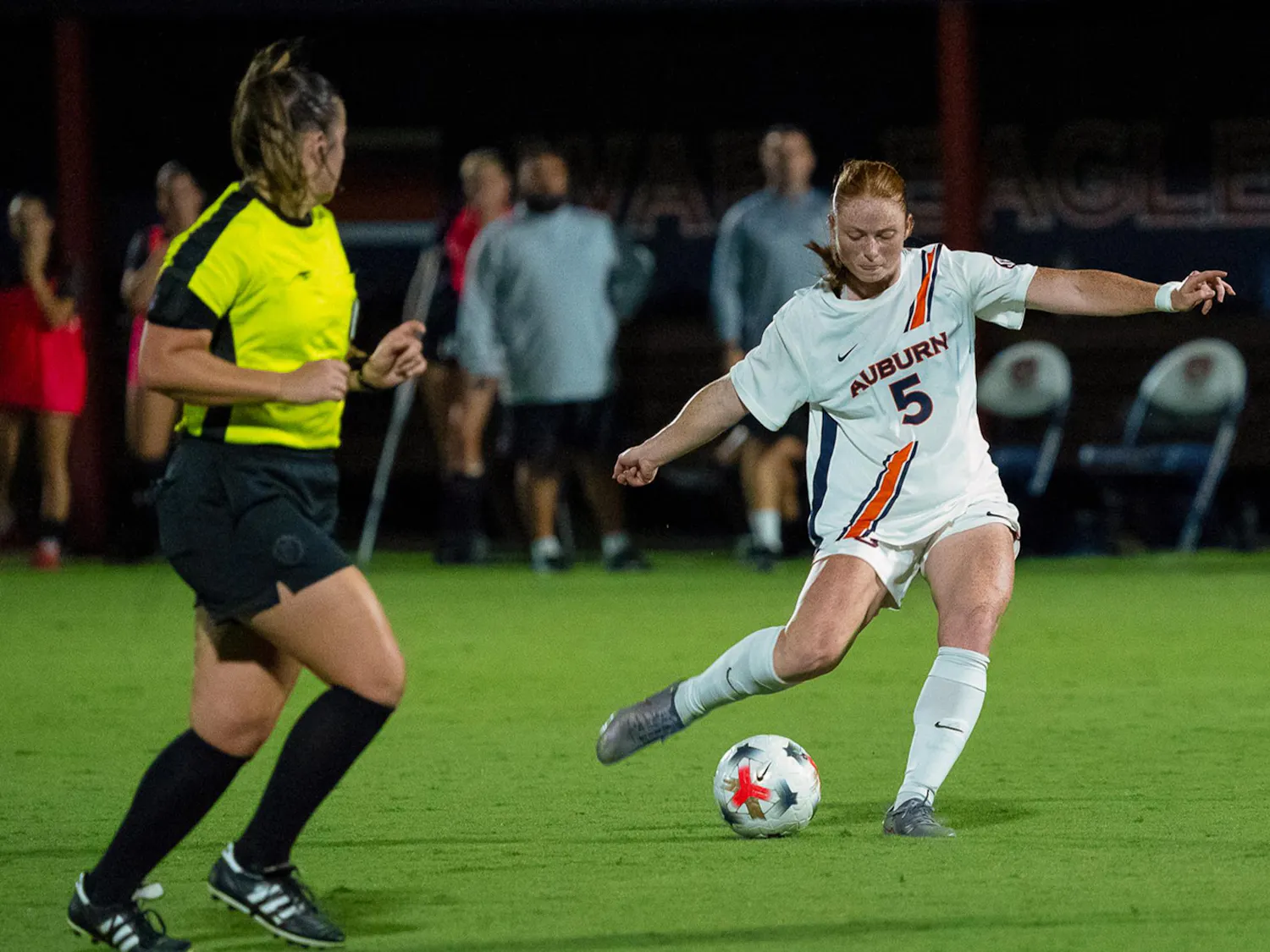 Auburn soccer player Ellie Rebmann, No. 5, dribbles the ball during Auburn’s 1-0 win over UAB.