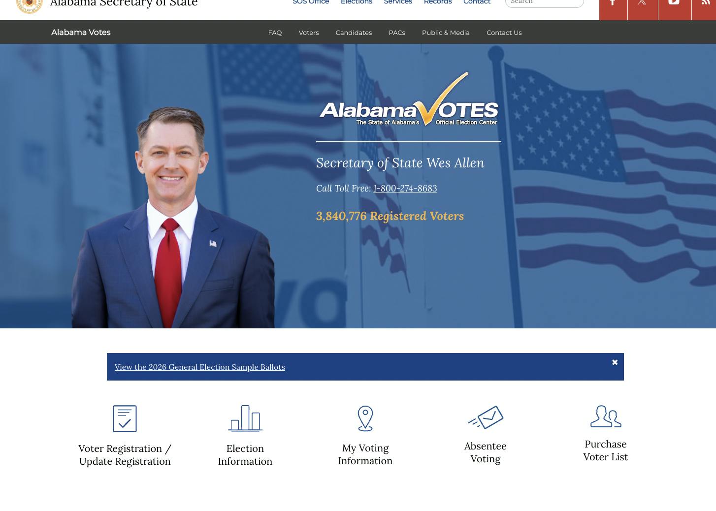 Screenshot of the Alabama Secretary of State’s Alabama Votes website, featuring a portrait labeled Secretary of State Wes Allen and links to voter registration, election information, absentee voting and 2026 general election sample ballots