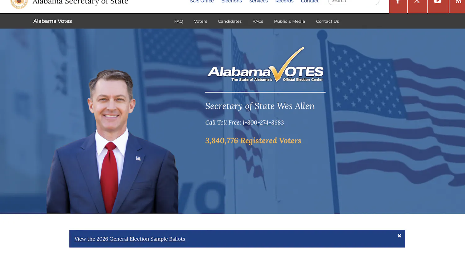 Screenshot of the Alabama Secretary of State’s Alabama Votes website, featuring a portrait labeled Secretary of State Wes Allen and links to voter registration, election information, absentee voting and 2026 general election sample ballots