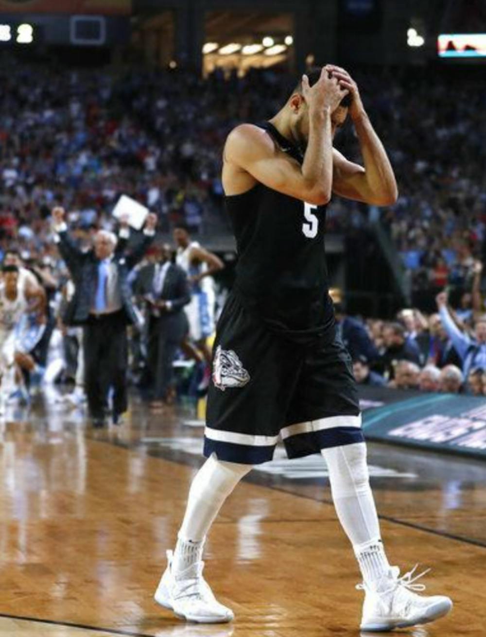 Gonzaga guard Nigel Willaims-Goss reacts to the end of the game vs North Carolina. 