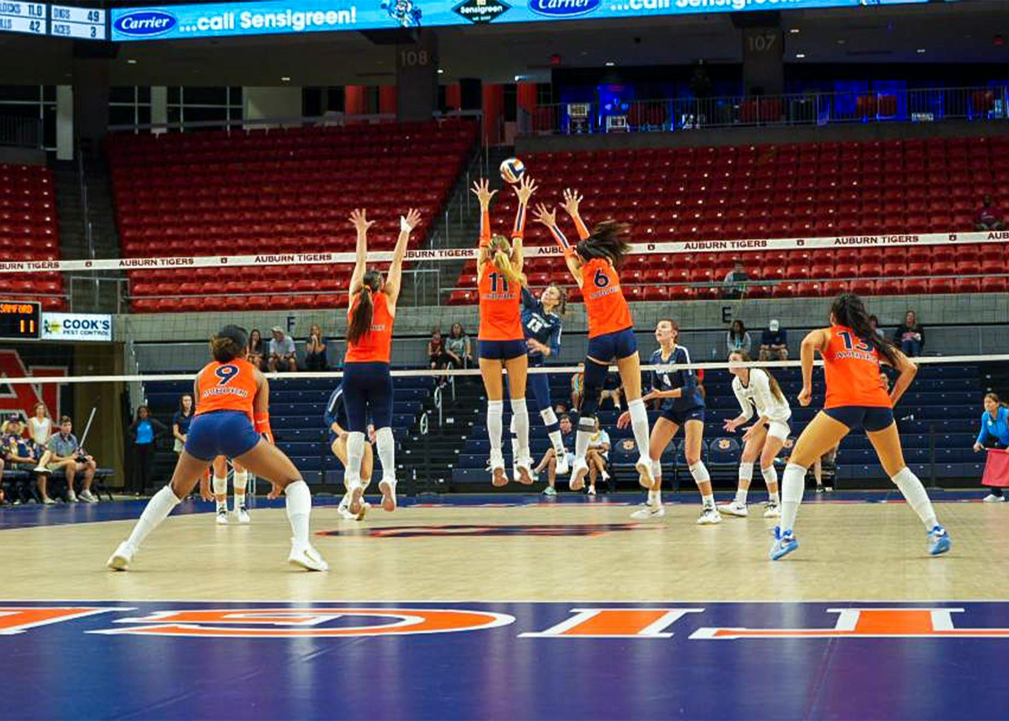 Auburn volleyball players jump at the net to block a South Alabama attack during a match at Neville Arena.