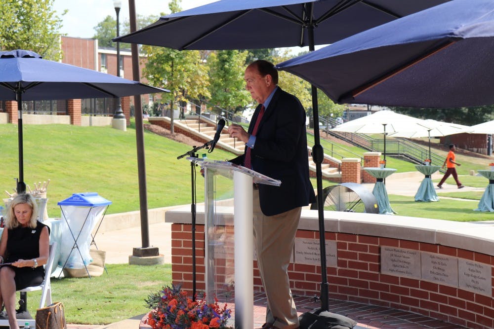 Interim President Jay Gogue speaks at dedication ceremony for new AU statue. Sept. 27, 2019