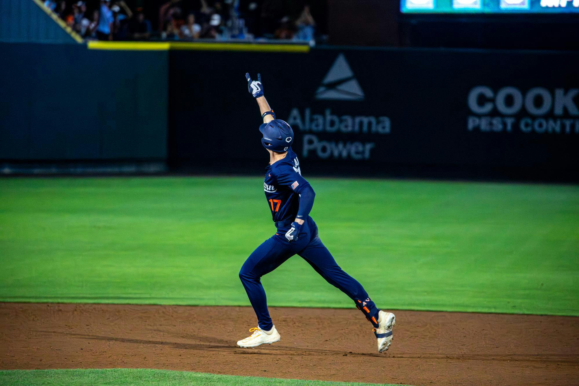 Auburn freshman Mason McCraine (17) runs the bases and points toward the sky during the Tigers' NCAA Super Regional opener against Ole Miss at Plainsman Park on June 5, 2026.