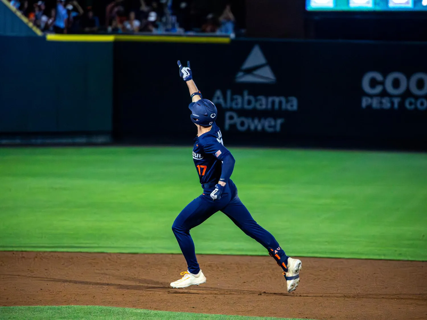 Auburn freshman Mason McCraine (17) runs the bases and points toward the sky during the Tigers' NCAA Super Regional opener against Ole Miss at Plainsman Park on June 5, 2026.