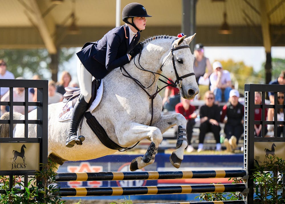 An equestrian rider in formal show-jumping attire guides a gray horse as it clears a black-and-gold obstacle midair in an outdoor arena, with spectators watching from the stands in the background.