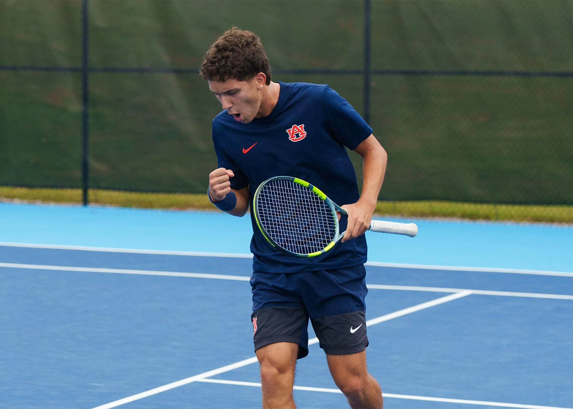 Auburn men’s tennis player Manel Lazaro celebrates a point during the ITA Southern Regional Championships at the Yarbrough Tennis Center in Auburn, Alabama.
