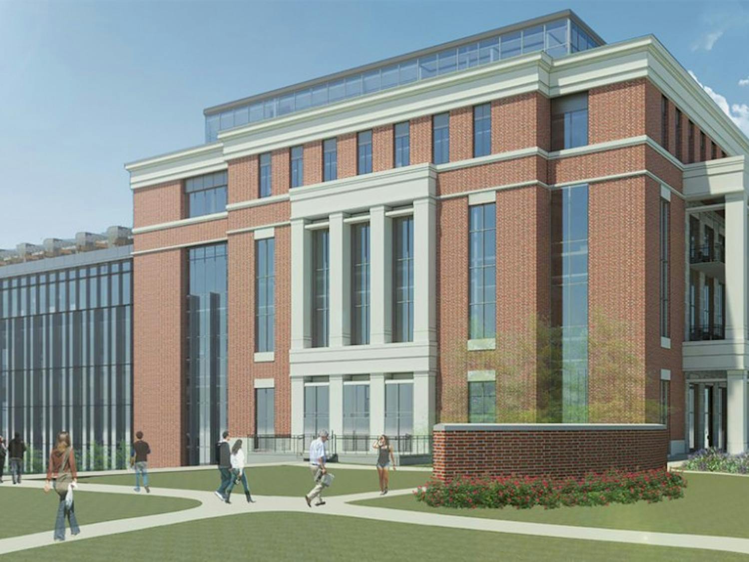 An artist’s rendering shows a new building that will be part of the Raymond J. Harbert College of Business. It will house graduate programs and classroom and meeting spaces for undergraduate and graduate students. Lowder Hall will remain the administrativ