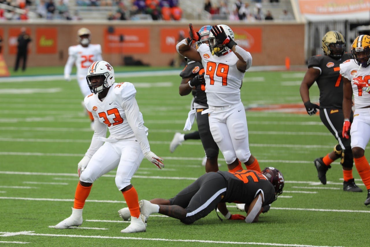 K.J. Britt (33) in the 2021 Senior Bowl