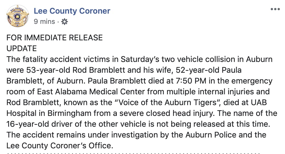 Lee County Coroner statement on Rod Bramblett death