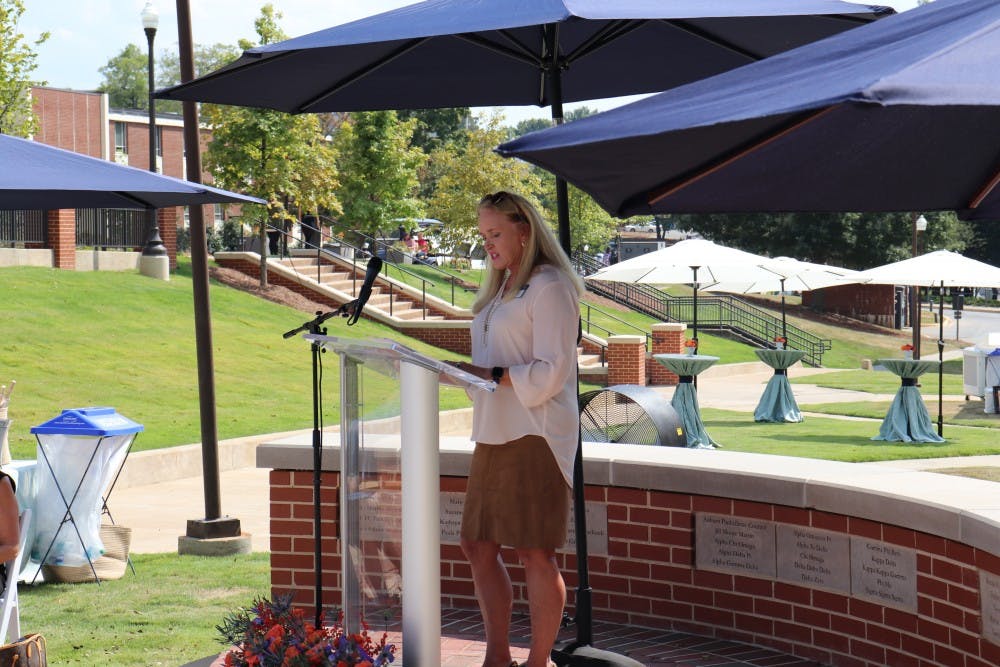 Board of Trustees member Sarah Newton speaks at dedication ceremony for new AU statue. Sept. 27, 2019
