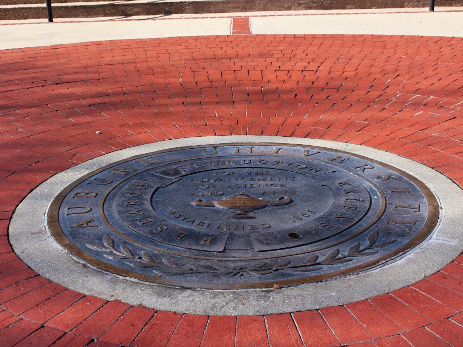 Auburn University seal in front of Langdon Hall