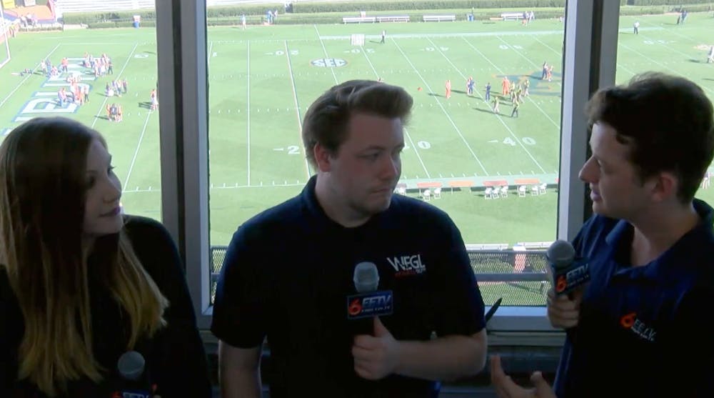 JJ, Kacie, and Evan talk A-DAy game from the press box at Jordan-Hare