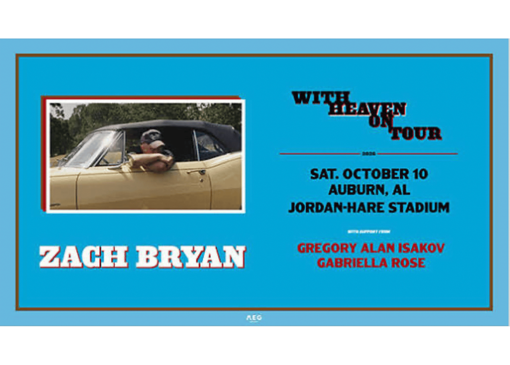 Blue “With Heaven on Tour” poster advertising Zach Bryan at Jordan-Hare Stadium in Auburn on Oct. 10, with musical guests Gregory Alan Isakov and Gabriella Rose. A photo shows Bryan leaning from a vintage car.
