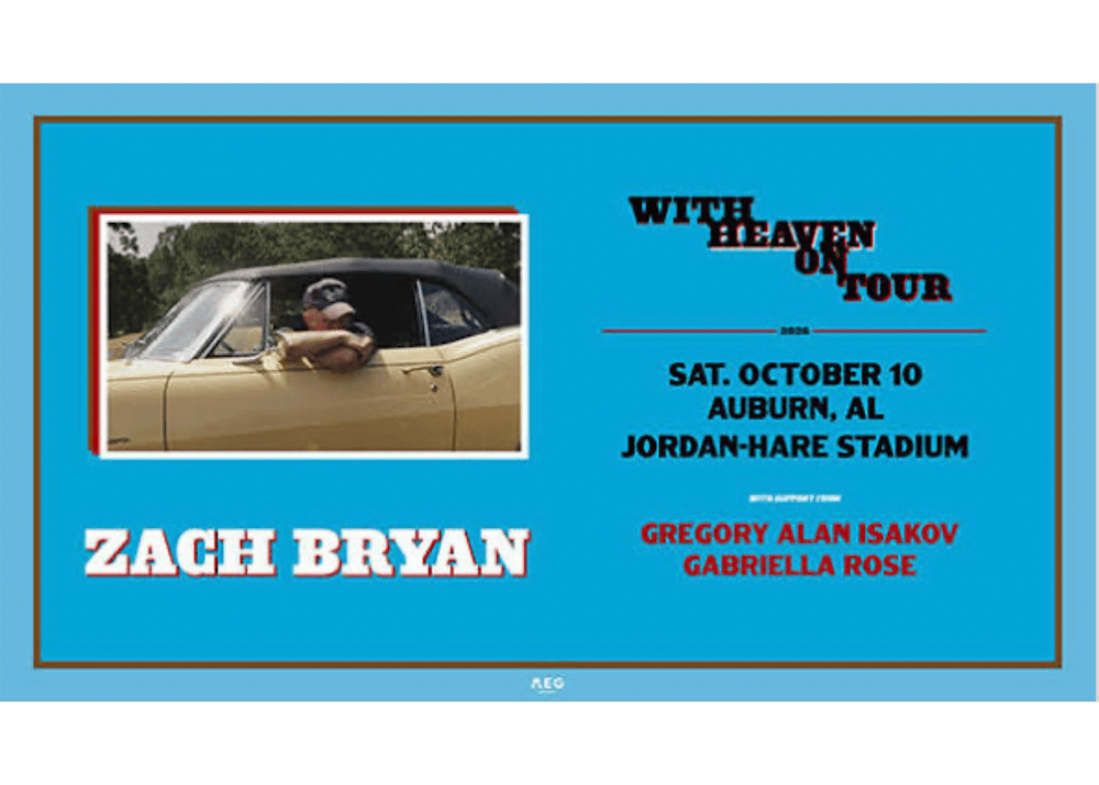 Blue “With Heaven on Tour” poster advertising Zach Bryan at Jordan-Hare Stadium in Auburn on Oct. 10, with musical guests Gregory Alan Isakov and Gabriella Rose. A photo shows Bryan leaning from a vintage car.