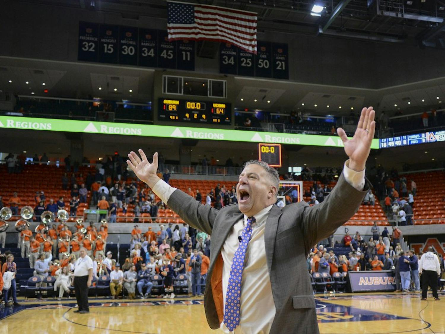 Bruce Pearl celebrates after defeating UConn 89-64. 