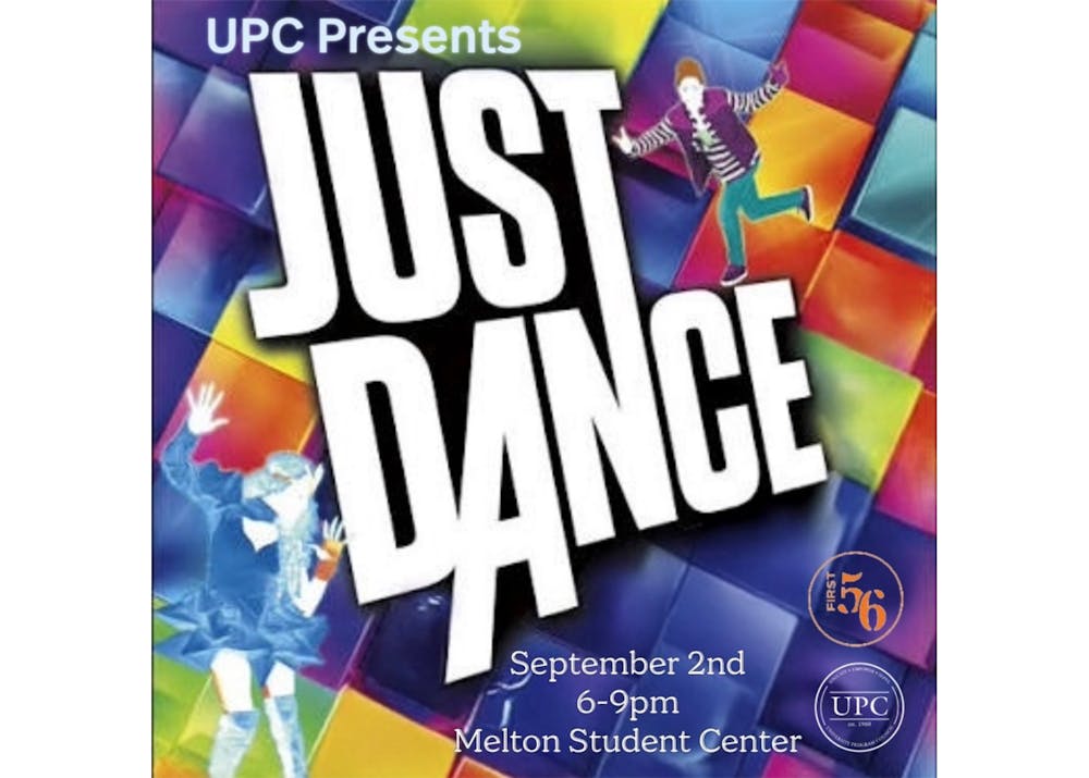 Graphic promoting Auburn University Program Council’s Just Dance event on Sept. 2 from 6-9 p.m. at the Melton Student Center, featuring colorful geometric shapes, illustrated dancers and large “Just Dance” text. The graphic also includes First 56 and University Program Council logos