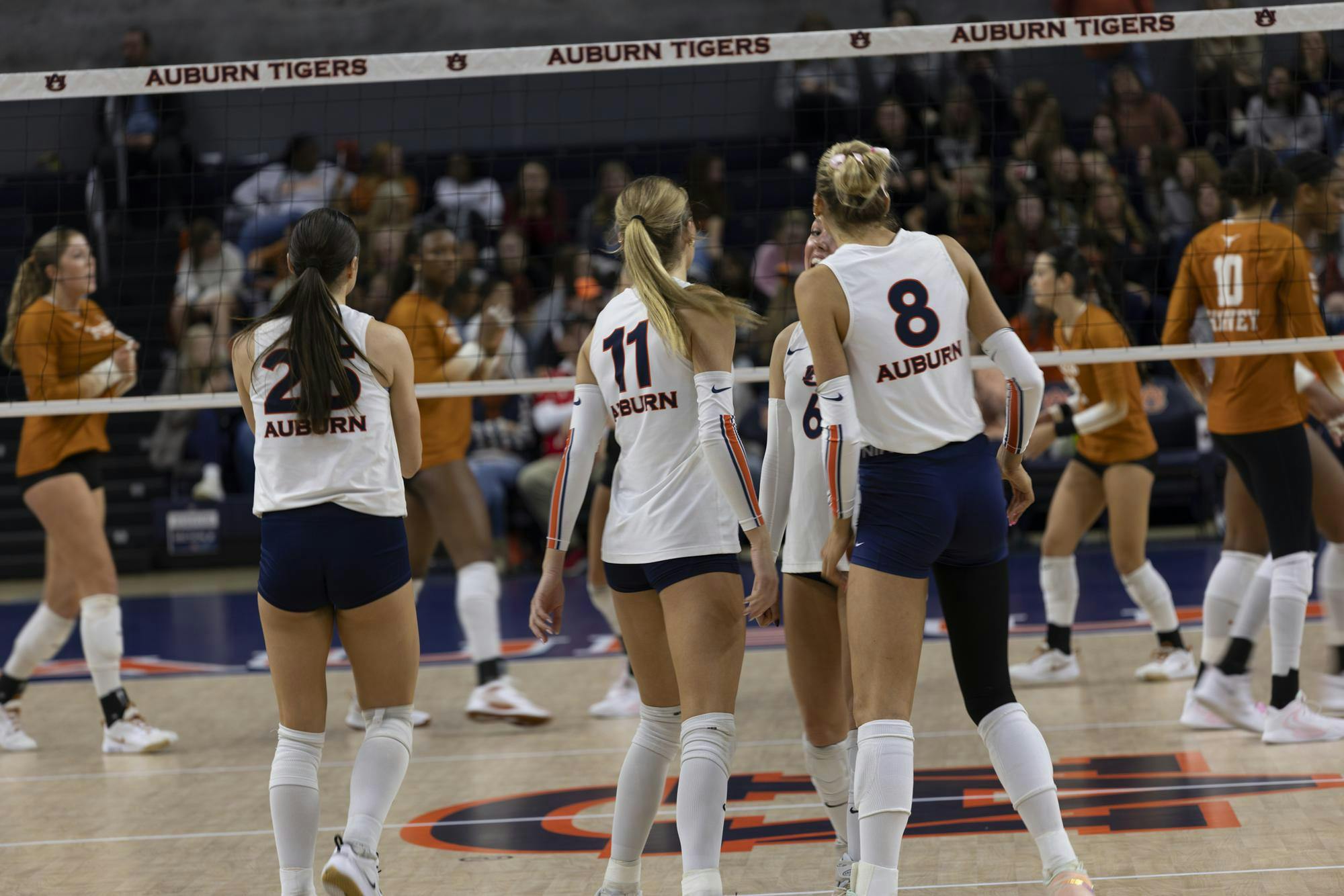 A group of Auburn University volleyball players wearing white jerseys and navy shorts huddle together near the net during a match against a team in burnt-orange uniforms. The players stand on an indoor court with the Auburn Tigers logo visible on the floor, and spectators fill the stands in the background.