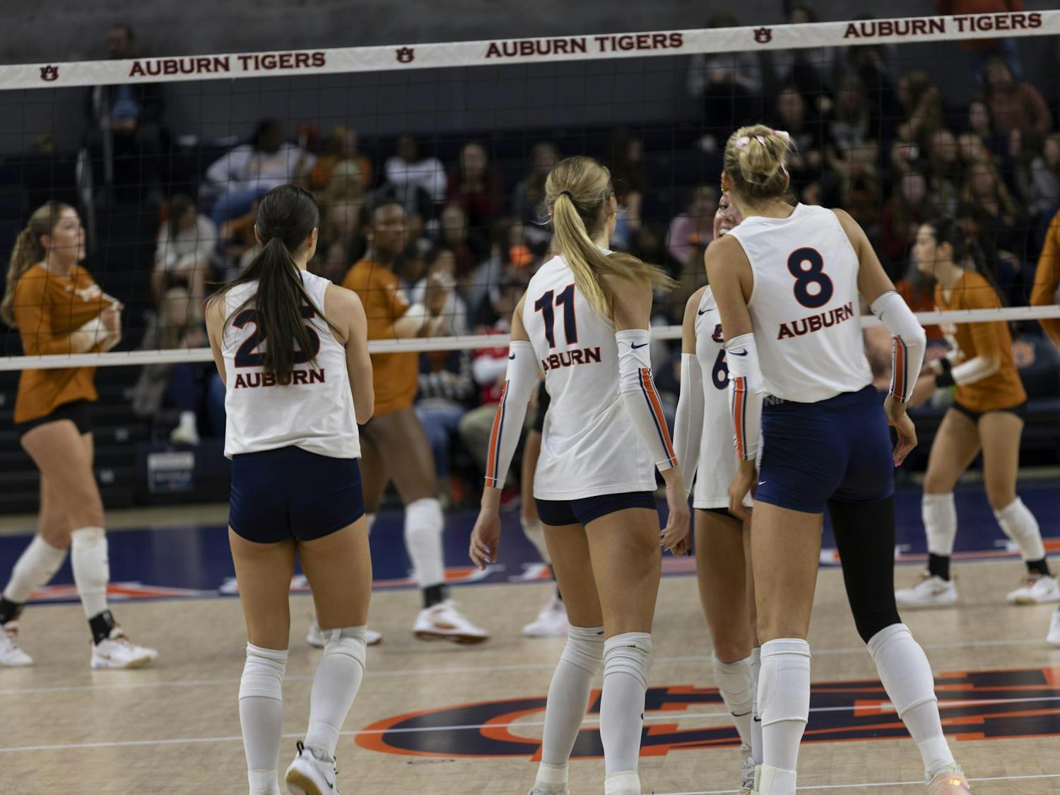 A group of Auburn University volleyball players wearing white jerseys and navy shorts huddle together near the net during a match against a team in burnt-orange uniforms. The players stand on an indoor court with the Auburn Tigers logo visible on the floor, and spectators fill the stands in the background.