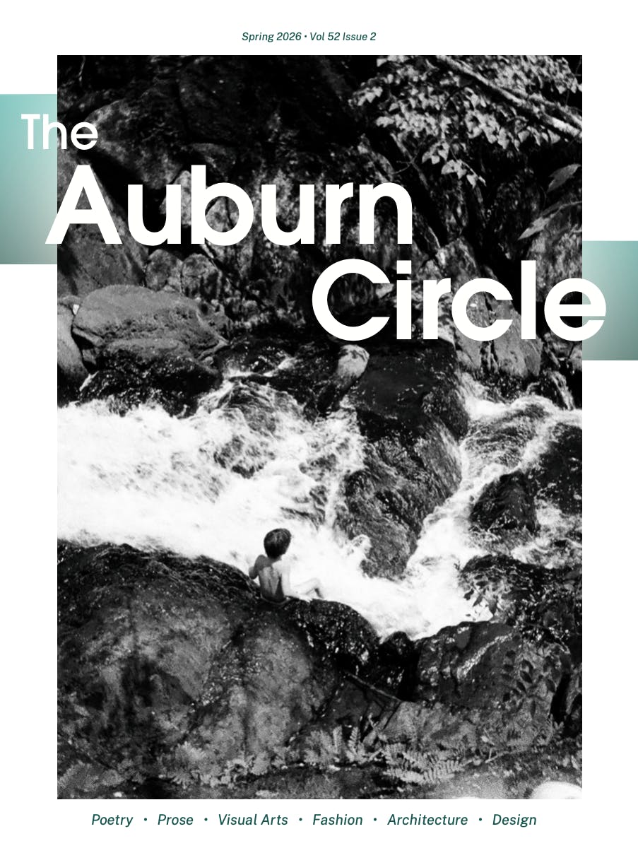 The Auburn Circle Spring 2026 Cover. Rushing water over rocks with a child sitting by the water. Words displayed are The Auburn Circle.