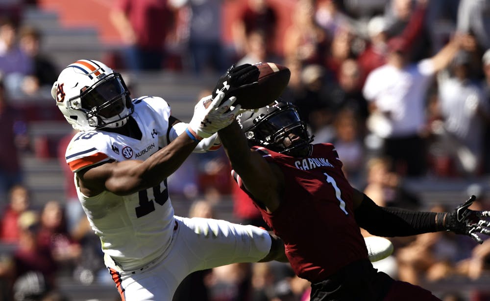 Oct 3, 2020; Columbia, SC, USA; Seth Williams (18) catches the ball during the game between Auburn and South Carolina at Williams-Brice Stadium. Mandatory Credit: Todd Van Emst/AU Athletics