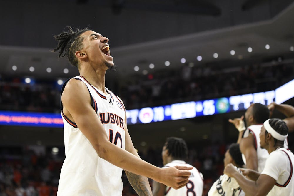 Auburn Guard Chad Baker-Mazara (10) celebrates during a matchup against Vermont in Neville Arena on Nov. 6, 2024.

Elizabeth Marsh, The Auburn Plainsman