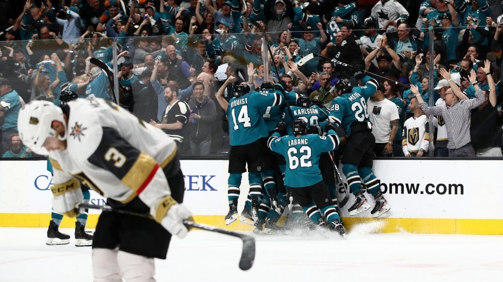 The San Jose Sharks celebrate their game-winning goal in overtime as they complete one of the most unbelievable comebacks in Stanley Cup Playoffs history