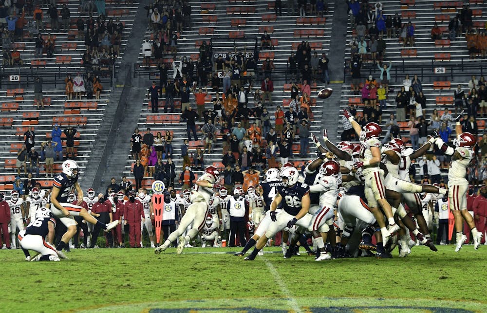 Oct 3, 2020; Auburn, AL, USA; Anders Carlson (26) kicks the ball during the game between Auburn and Arkansas at Jordan-Hare Stadium. Mandatory Credit: Todd Van Emst/AU Athletics