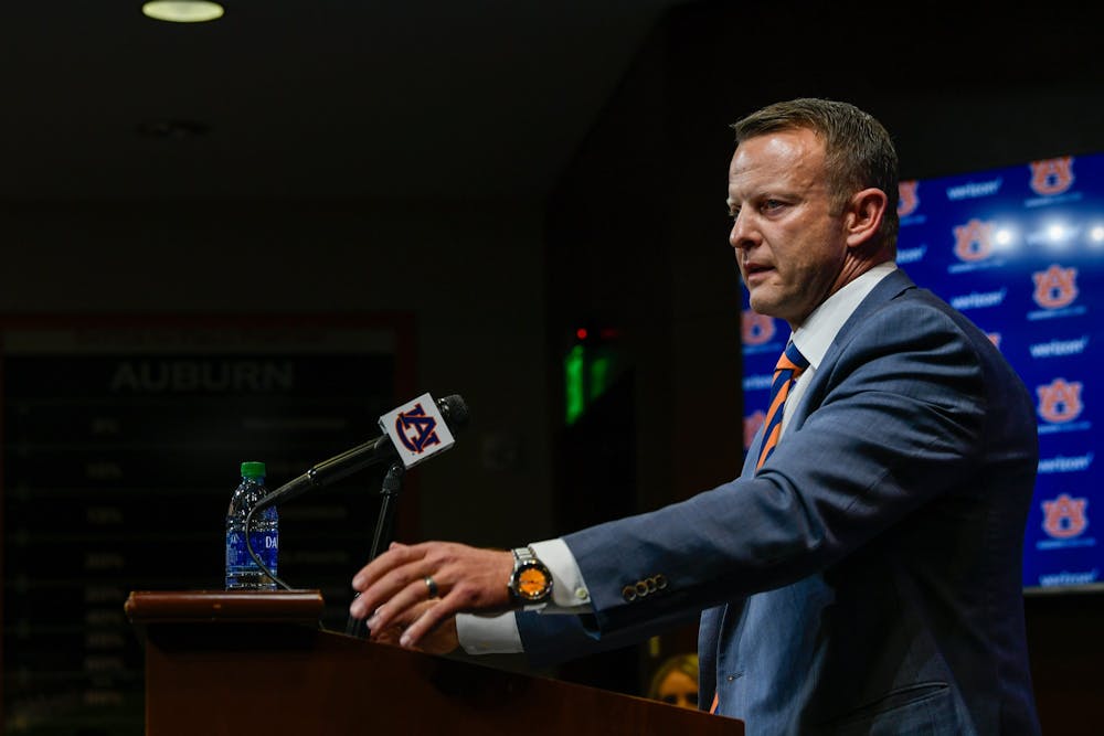 Oct 3, 2020; Auburn AL, USA; Bryan Harsin answering questions from the media at his press conference at Auburn. Todd Van Emst/AU Athletics