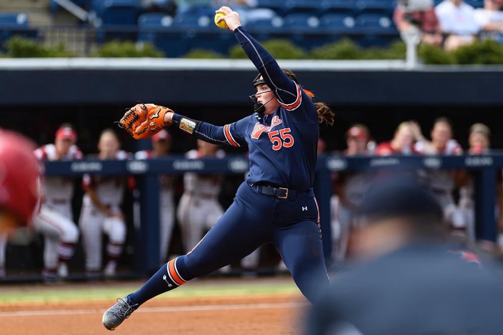 AUBURN, AL - MARCH 16 - Auburn Pitcher Shelby Lowe (55) during the game between the #25 Auburn Tigers and the #20 Arkansas Razorbacks at Jane B. Moore Field in Auburn, AL on Saturday, March 16, 2024. Photo by Grayson Belanger/Auburn Tigers
