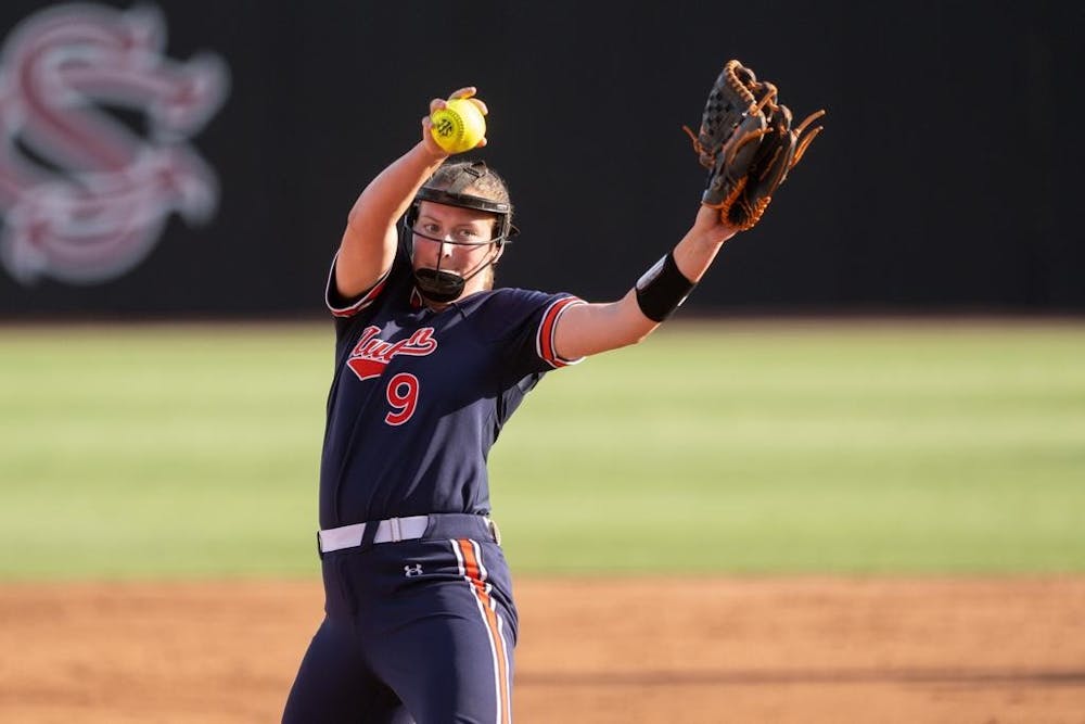 Maddie Penta (9) during the game between the South Carolina Gamecocks and the Auburn Tigers at Beckham Field in Columbia, SC on Friday, Apr 28, 2023. Jamie Holt/Auburn Tigers