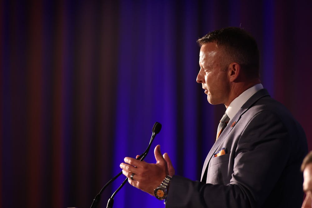Auburn head coach Bryan Harsin speaks to the media during the 2021 SEC Football Kickoff Media Days on July 22,2021 at the Wynfrey Hotel,Hoover,Alabama. (Jimmie Mitchell/SEC)