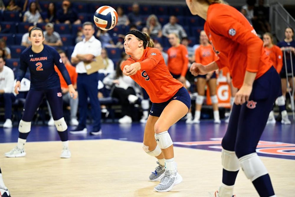 AUBURN, AL - SEPTEMBER 08 - Auburn Libero Zoe Slaughter (9) during the game between the Auburn Tigers and the Charleston Southern Buccaneers at Neville Arena in Auburn, AL on Friday, Sept. 8, 2023. Photo by Jamie Holt/Auburn Tigers