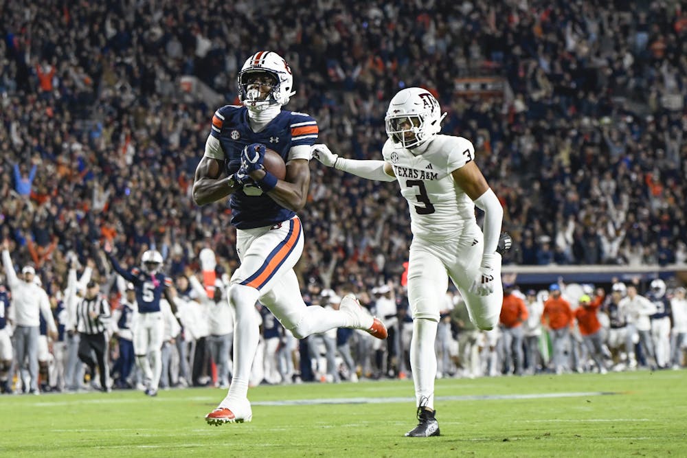 Auburn Wide Receiver Cam Coleman (8) runs in a touchdown during a matchup against Texas A&M in Jordan-Hare Stadium on Nov. 23, 2024.

Elizabeth Marsh, The Auburn Plainsman