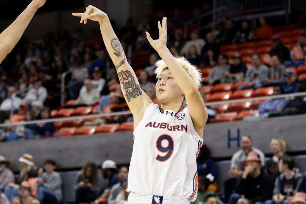 Yuting Deng (#9) attempts a three-pointer versus Vanderbilt in Neville Arena on February 16th, 2025. Maggie Bowman | The Auburn Plainsman