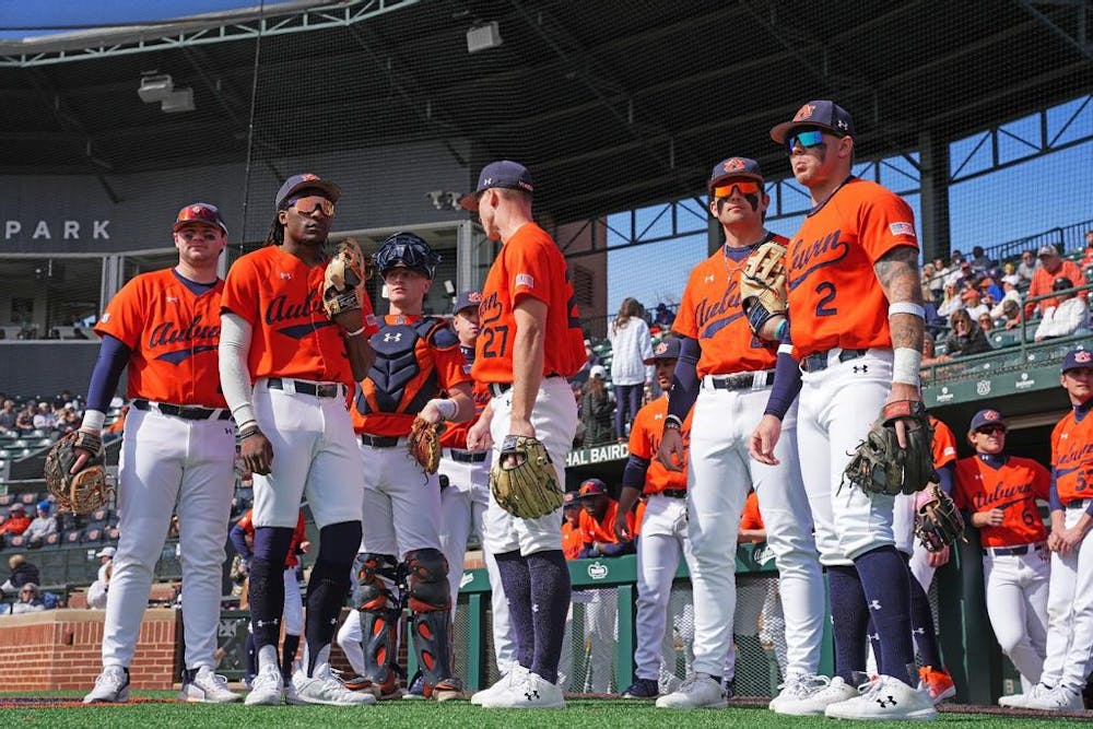 AUBURN, AL - FEBRUARY 18 - Cooper McMurray (26), Chris Stanfield (3), Ike Irish (18), Bobby Peirce (27), Mason Maners (21), Cooper Weiss (2) during the game between the #15 Auburn Tigers and the Eastern Kentucky Colonels at Plainsman Park in Auburn, AL on Sunday, Feb. 18, 2024. Photo by Zach Bland/Auburn Tigers