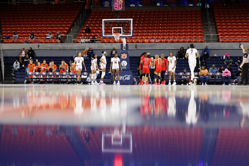 The Auburn Women's Basketball teams regroups after a play against Ole Miss on Jan. 2, 2025. Photo by Estela Munoz | The Auburn Plainsman