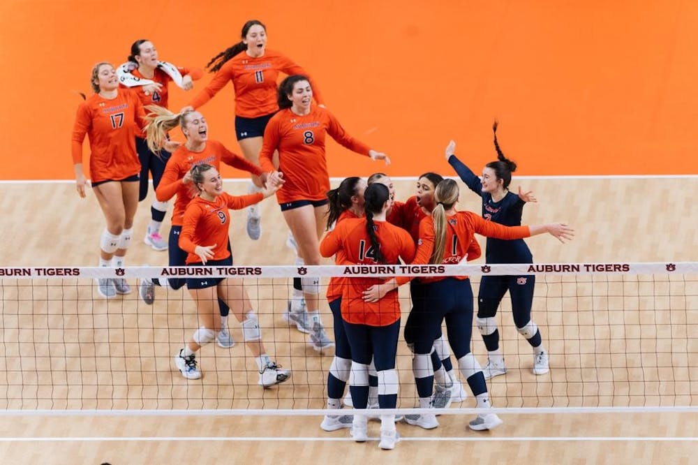 Team Full celebration during the Volleyball vs Texas A&M before the Auburn Tigers and Texas A&M at Neville Arena in Auburn, AL on Sunday, Nov 6, 2022.
Elaina Eichorn/Auburn Tigers