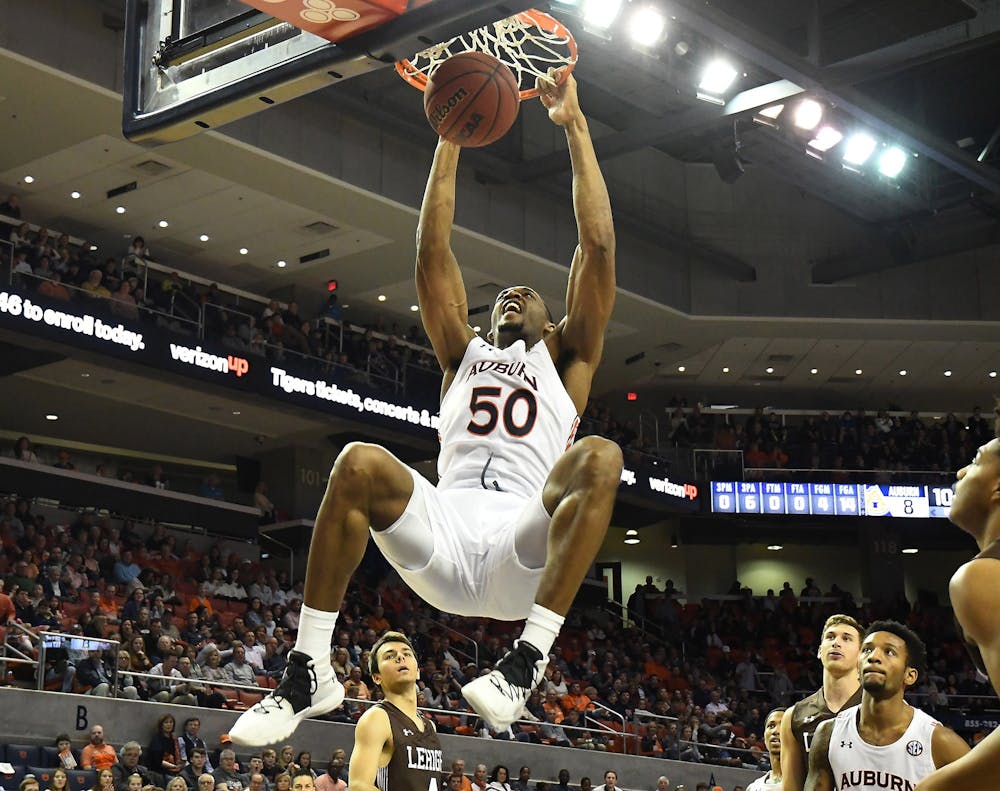 <p>Auburn's Austin Wiley (5) with a dunk in the first half. &nbsp;</p>
<p>Auburn Mens Basketball vs Lehigh on Saturday, December 21, 2019 in Auburn, Ala. &nbsp;Anthony Hall/Auburn Athletics</p>