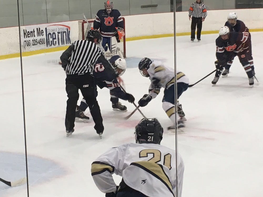 <p>The Tigers square up for a defensive face-off midway through the first period.</p>