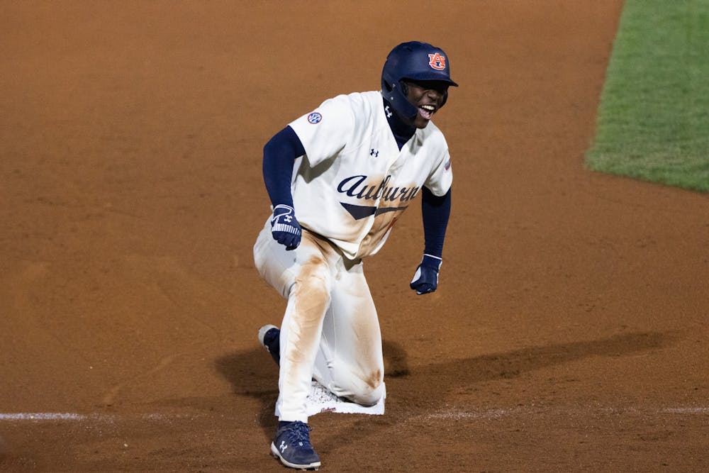 Auburn Baseball Outfielder/Infielder No. 19 Bub Terrell celebrates a big hit. Photo by Gracie Murray | The Auburn Plainsman