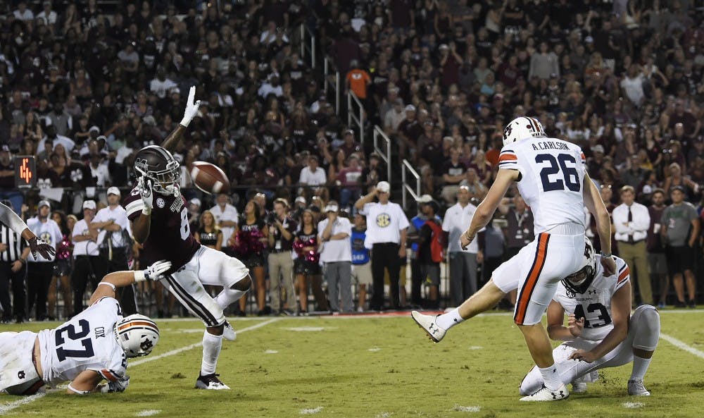 Anders Carlson kicks a field goal in the second half.Auburn at Miss State football on Saturday, Oct. 6, 2018 in Starkville, MsTodd Van Emst/AU Athletics 