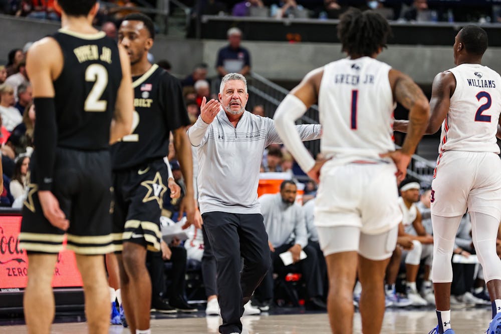 Feb 16, 2022; Auburn, AL, USA; Bruce Pearl talks to the team during the game between Auburn and Vanderbilt at Auburn Arena. Mandatory Credit: Jacob Taylor/AU Athletics