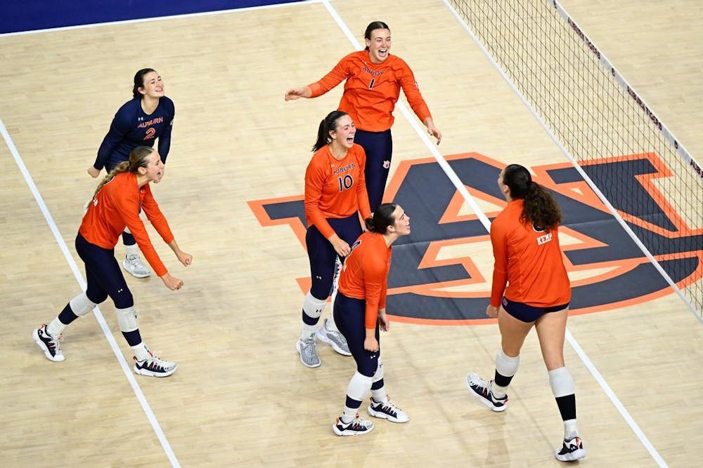 AUBURN, AL - SEPTEMBER 08 - The Auburn Volleyball Team during the game between the Auburn Tigers and the Charleston Southern Buccaneers at Neville Arena in Auburn, AL on Friday, Sept. 8, 2023. Photo by Jamie Holt/Auburn Tigers