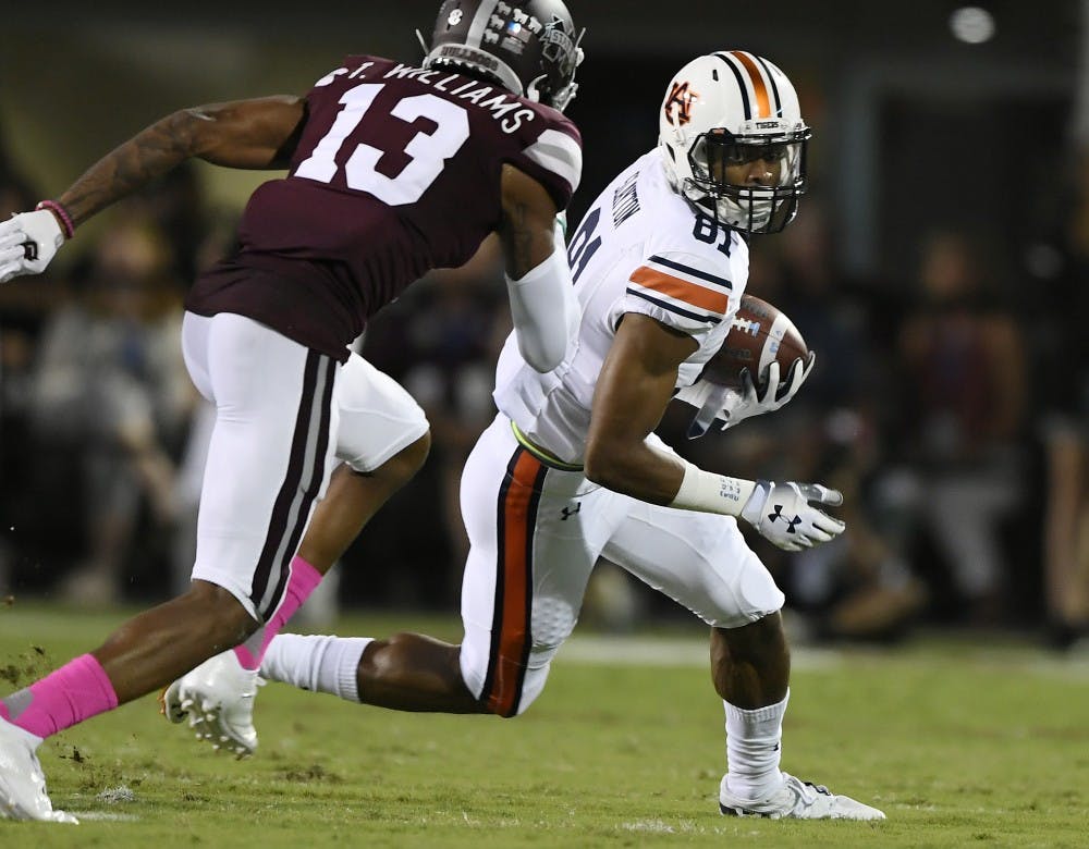 Darius Slayton runs after a catch in the first half.Auburn at Miss State football on Saturday, Oct. 6, 2018 in Starkville, MsTodd Van Emst/AU Athletics 