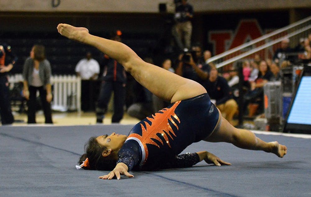 <p>M.J. Rott during her floor routine. Auburn Gymnastics vs Arkansas in Auburn, AL on Jan 23, 2015. (Emily Enfinger | Photo Editor) </p>