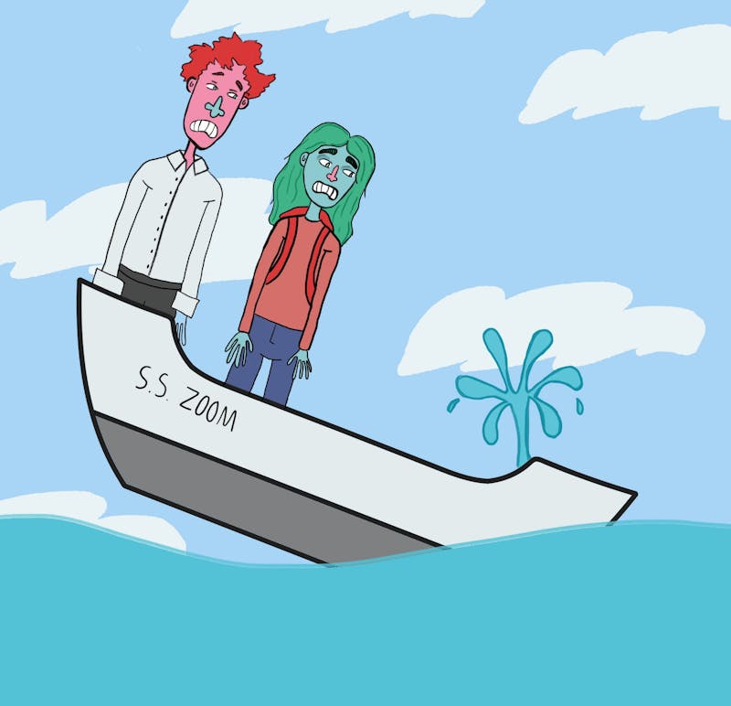 Cartoon of a professor and student in a sinking boat that reads 'S.S. Zoom'.&nbsp;