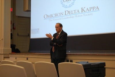 Jay Gogue addressed students in Langdon Hall about the state of Auburn University. (Nathan Simone / MANAGING EDITOR)