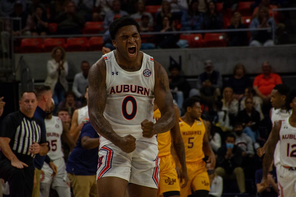<p>Nov. 12, 2021; K.D. Johnson shows excitement during a game against Louisiana-Monroe from the Auburn Arena in Auburn, Ala.</p>